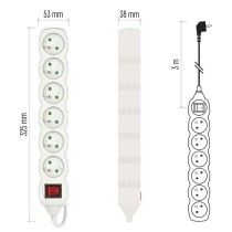 Prodlužovací kabel 3 m / 6 zásuvek / s vypínačem / bílý / PVC / 1 mm2