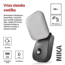 Vrtna LED stenska svetilka NIKA s PIR senzorjem, 12 x 12 x 20 cm, 12,8 W, toplo bela