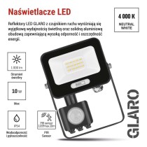 Naświetlacz LED GLARO PIR 10 W, czarny, IP54, 1000 lm, neutralna biel