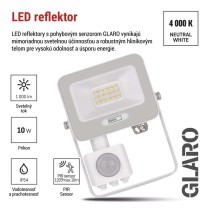 LED reflektor GLARO s pohybovým čidlom, 10 W, biely, IP54, 1000 lm, neutrálna biela
