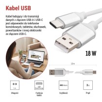 Kabel USB 2.0, wtyk A - C, ładowanie, transmisja danych, 1 m, biały