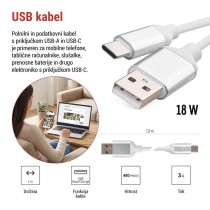 Kabel USB-A / USB-C, 2.0, polnjenje, podatki, 1 m, bela