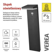 Słupek oświetleniowy LED Garden VEREA solarna, ciepła biel, max 460 lm, IP44, PIR
