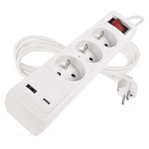 Prodlužovací kabel 2 m / 3 zásuvky / s vypínačem / bílý / 1×USB-A + 1×USB-C / 1,5 mm2