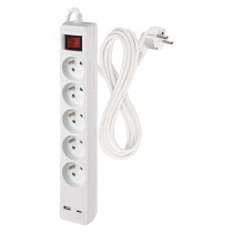 Prodlužovací kabel 3 m / 5 zásuvky / s vypínačem / bílý / 1×USB-A + 1×USB-C / 1,5 mm2