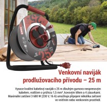 Venkovní prodlužovací kabel na bubnu 25 m / 4 zás. / černý / guma-neopren / 230V / 1,5 mm2