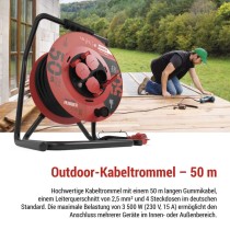 Gummi-Kabeltrommel – 4 Steckdosen, 50m, 2,5mm2 