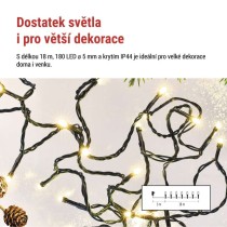 LED vánoční řetěz, 18 m, venkovní i vnitřní, teplá bílá, programy, časovač