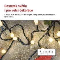LED vánoční cherry řetěz – kuličky, 20 m, venkovní i vnitřní, teplá bílá, programy,časovač