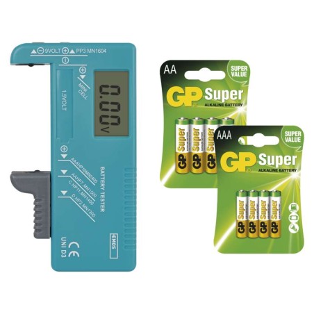 EMOS Univerzális elemteszter + 4x AAA+AA GP Super alkáli elemcsomag