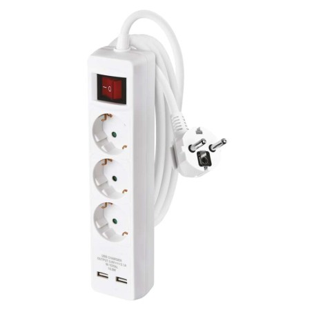 Hosszabbító 2 m / 3 aljzat / kapcsolós / fehér / PVC / USB / 1,5 mm2