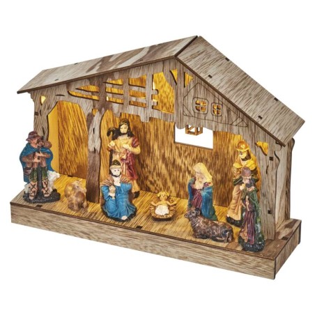 LED Weihnachtskrippe aus Holz, 19 cm, 3x AA, Innen, warmweiss, Timer