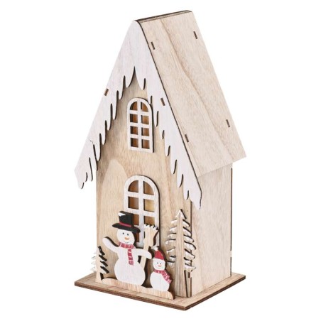 LED Holzdekoration – Häuschen mit Schneemännern, 28,5 cm, 2x AA, Innen, warmweiss, Timer