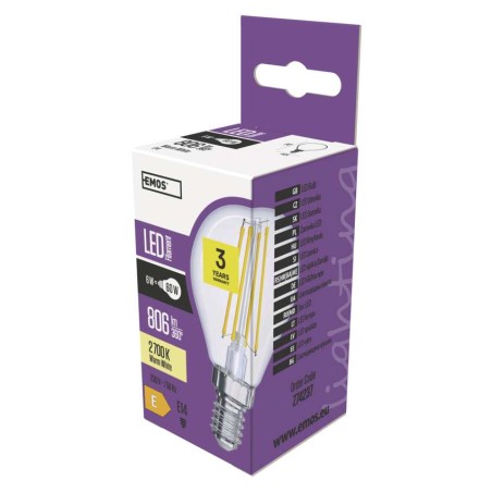 EMOS LED Filament Izzó Kisgömb 6W E14 806lm meleg fehér
