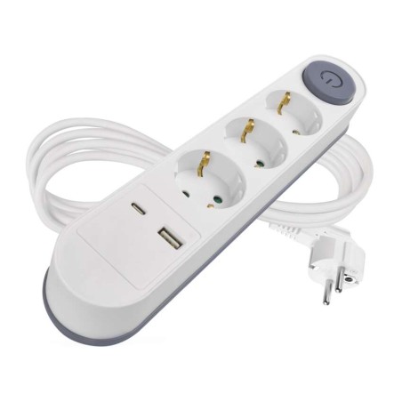 Hosszabbító 2 m / 3 aljzat / kapcsolós / fehér / 1× USB-A + 1× USB-C  / 1,5 mm2