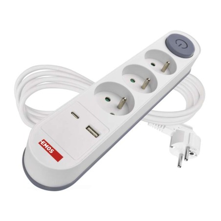 Prodlužovací kabel 2 m / 3 zásuvky / s vypínačem / bílý / 1×USB-A + 1×USB-C / 1,5 mm2