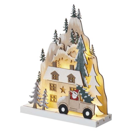 LED Weihnachtslandschaft Holz, 22 cm, 2x AA, Innen, warmweiss, Timer