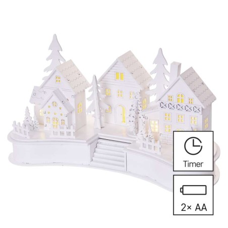 LED Holzdekoration weiß– Weihnachtsdorf, 16 cm, 2x AA, Innen, warmweiss, Timer