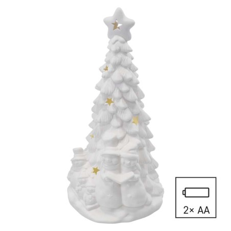 Keramischer LED-Baum mit Schneemännern, 33,5 cm, 2x AA, Innen, warmweiss