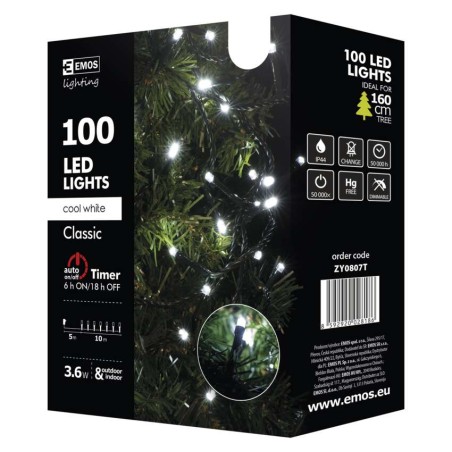 Lampki choinkowe 100 LED 10m CW, zielony przewód, timer