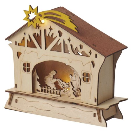 LED vianočný betlehem drevený, 16,5 cm, 2x AAA, vnútorný, teplá biela, časovač