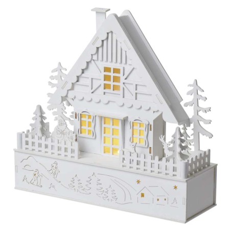 Dekoracje - 5 LED drewniany biały domek 30x28 cm, 2x AA ciepła biel, IP20, timer