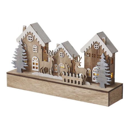 LED karácsonyi házikók, fa, 17 cm, 2x AA, beltéri, meleg fehér, időzítő