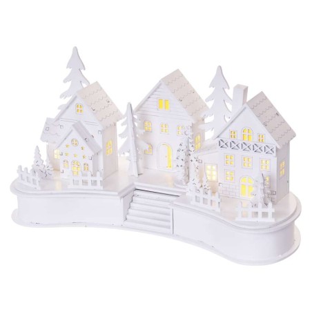 LED Holzdekoration weiß– Weihnachtsdorf, 16 cm, 2x AA, Innen, warmweiss, Timer