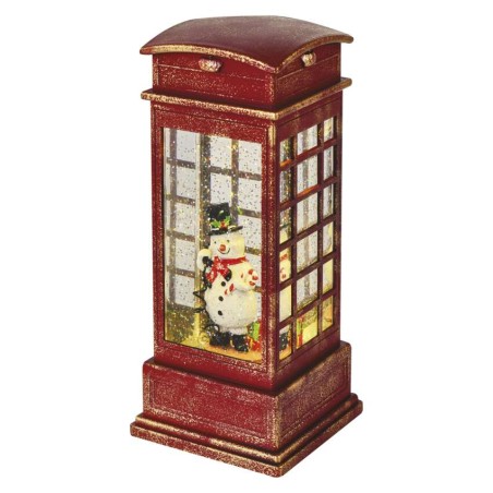 LED Deko – Schneemann in Telefonzelle, 25 cm, 3x AA, Innen, warmweiss, Timer