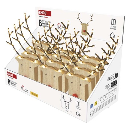 LED dekoráció, fa -rénszarvas, 16 cm, 2x AAA, beltéri, meleg fehér, időzítő, 12db, display