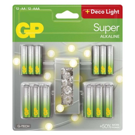 GP alkalická batéria SUPER AA 12 + AAA 12 + LED reťaz BL