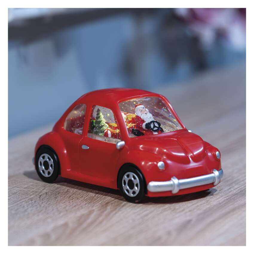 LED Deko – Auto mit Santa, 10 cm, 3x AA, Innen, warmweiss, Timer