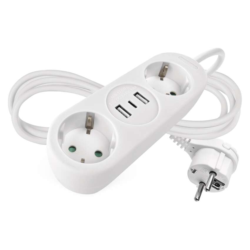 Steckdosenleiste – 2 Steckdosen+2×USB-A+1×USB-C, 1,4 m, 1,5 mm2, weiss