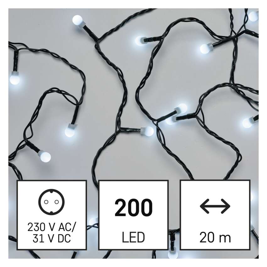 LED vánoční cherry řetěz – kuličky, 20 m, venkovní i vnitřní, studená bílá, programy – EMOS D5AC07 – fotografie a provedení výrobce