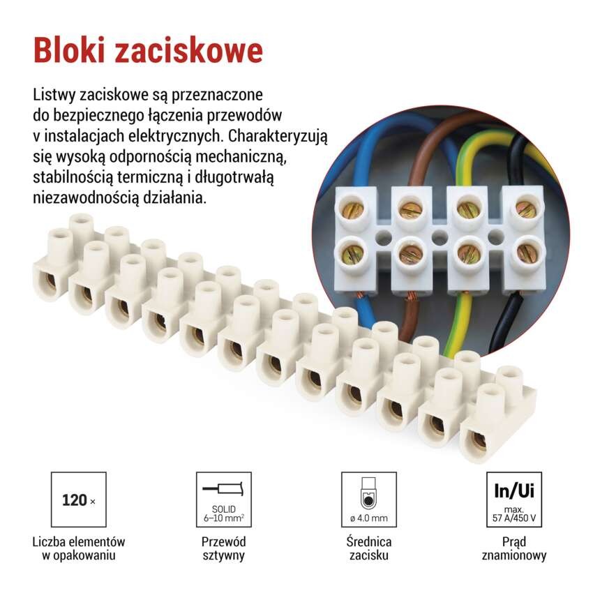 Listwa zaciskowa 6–10 mm2, biała, 10 szt
