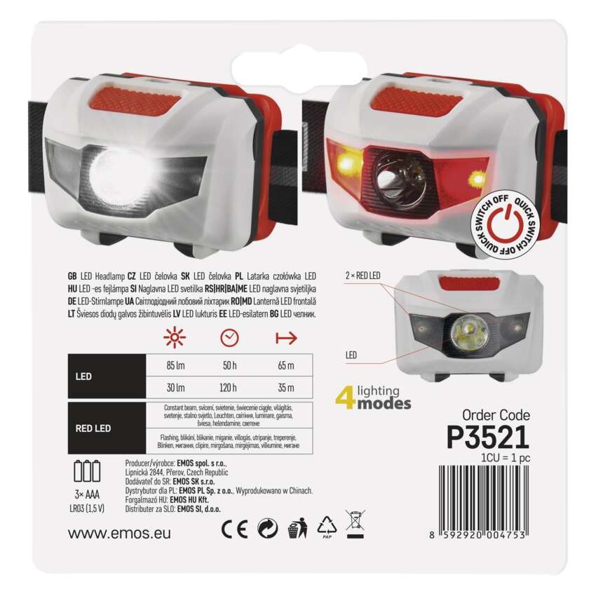 LED čelovka P3521, 85 lm, 65 m, 3× AAA