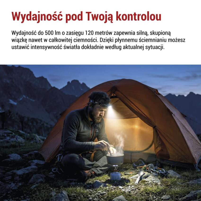 Latarka czołowa LED, 500 lm, Li-Ion 800 mAh ładowalna