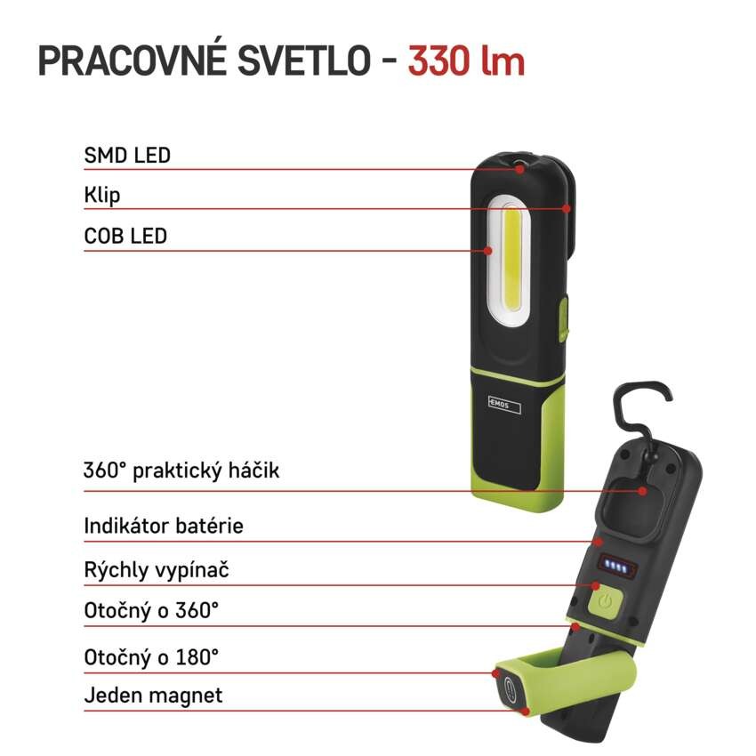 COB LED + SMD LED nabíj. svietidlo P4537, 330 lm, 1200 mAh