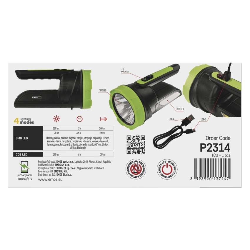 LED įkraunamas žibintuvėlis, 210 lm, 1 800 mAh