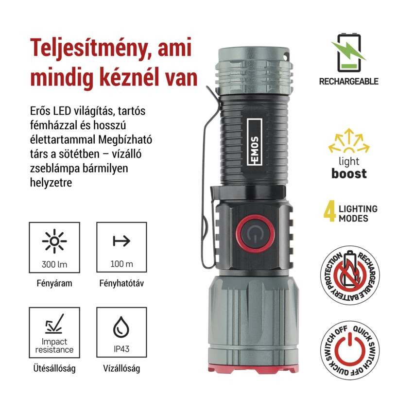 EMOS LED tölthető fém zseblámpa 300 lm, 700 mAh