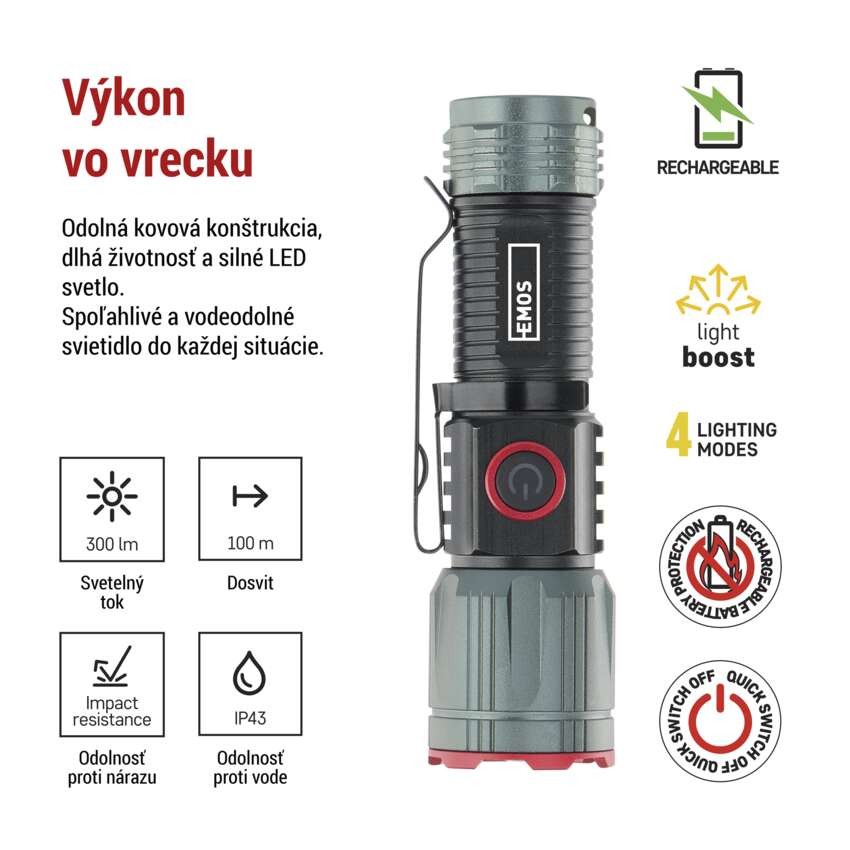 LED nabíjacie kovové svietidlo 300 lm, 700 mAh