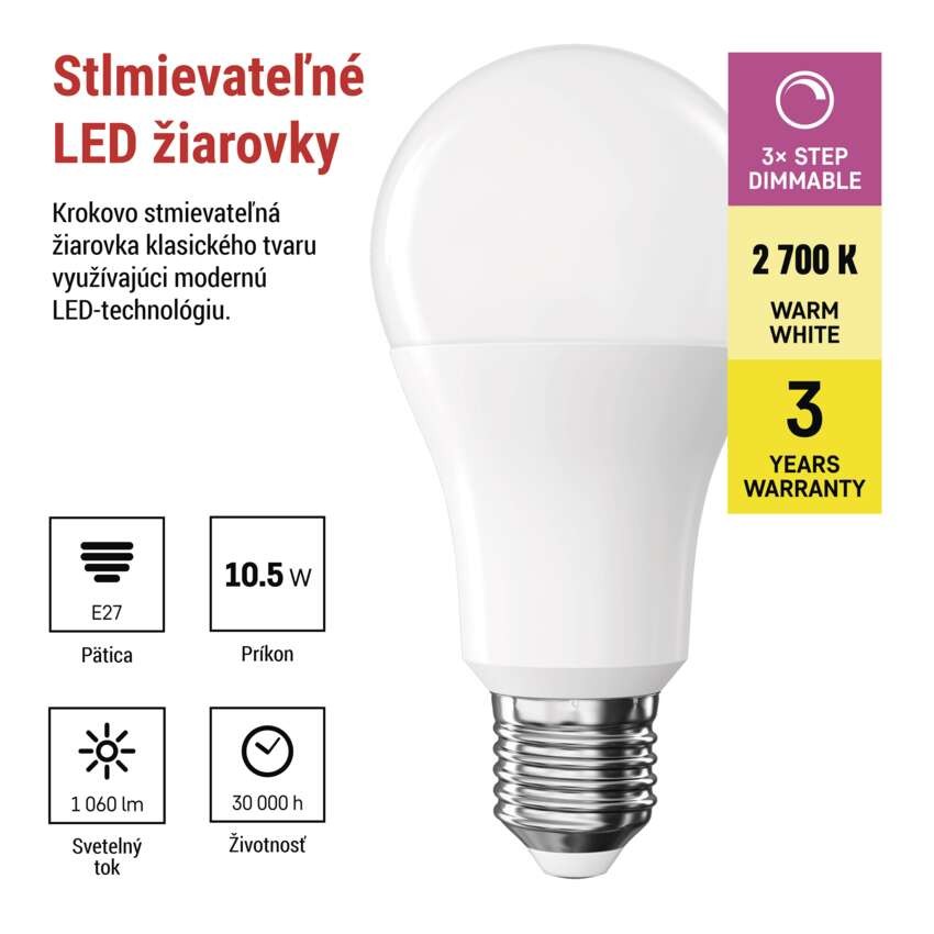 LED žiarovka Classic A60/E27/10,5 W (75 W)/1 060 lm/teplá b./krokovo stmievateľná