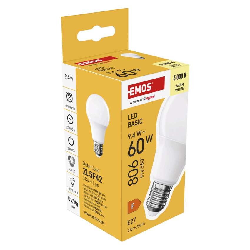 LED spuldze Basic A60 / E27 / 9,4 W (60 W) / 806 lm / Silti balta