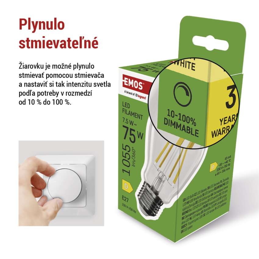 LED žiarovka Filament A60/ E27 / 7,5 W (75 W) / 1 055 lm / teplá biela / stmievateľné