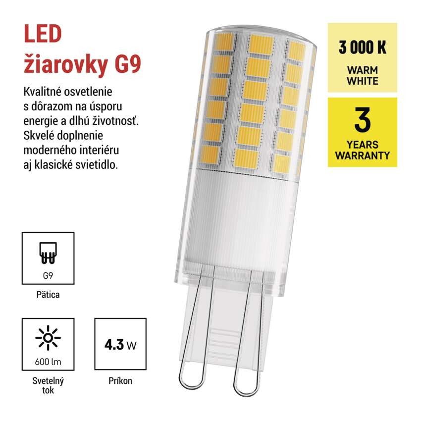 LED žiarovka Classic JC / G9 / 4,3 W (48 W) / 600 lm / Teplá biela