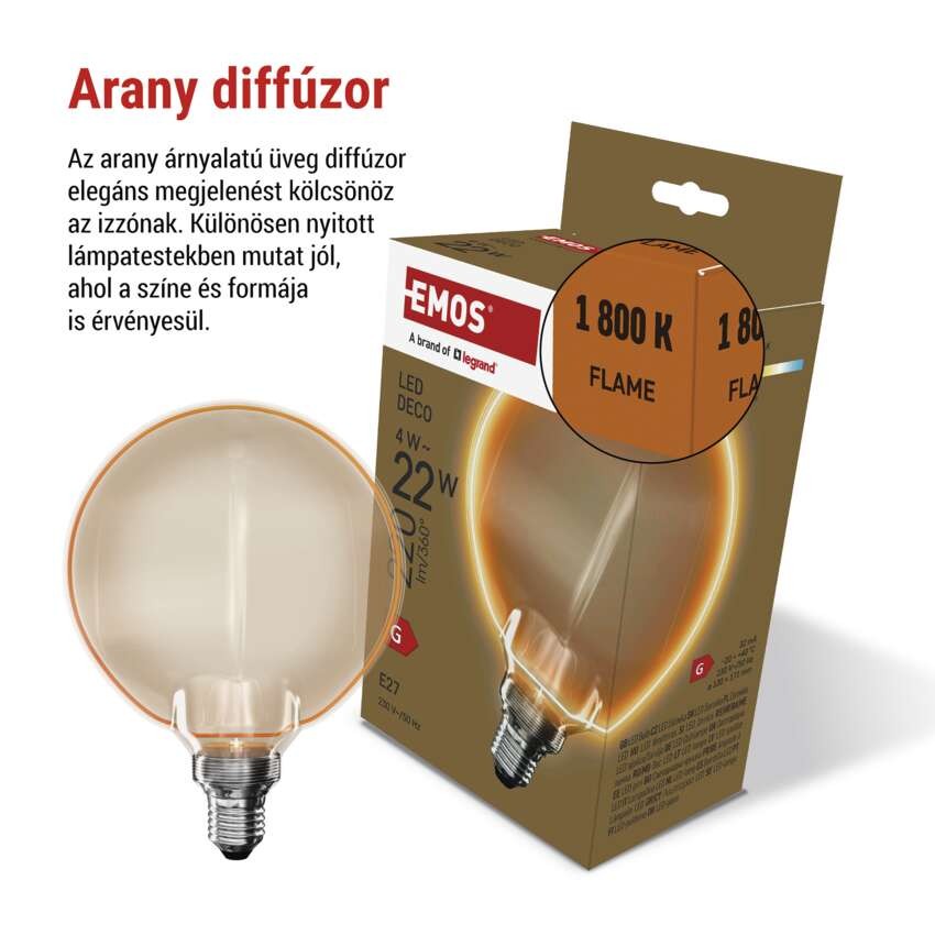 LED izzó DECO G130OA / E27 / 4 W (22 W) / 220 lm / flame