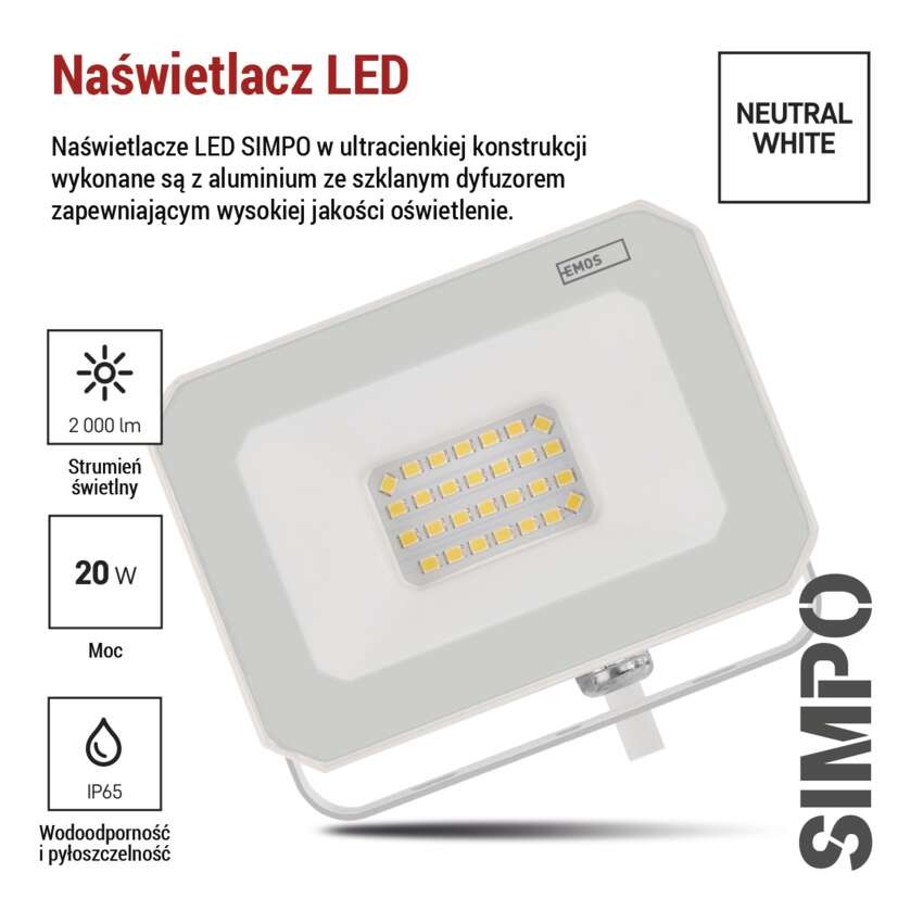 Naświetlacz LED SIMPO 20W, biały, neutralna biel