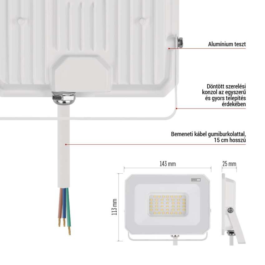 LED reflektor SIMPO 30W, fehér, IP65, 3000 lm, természetes fehér