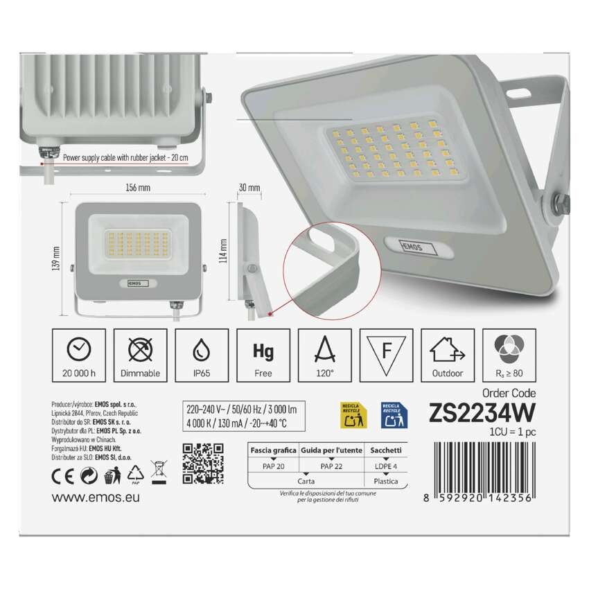 LED reflektor GLARO 30W, fehér, IP65, 3000 lm, természetes fehér