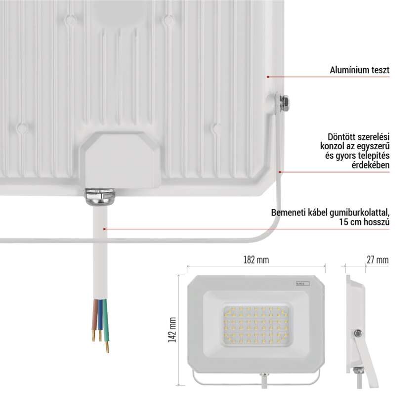 LED reflektor SIMPO 50W, fehér, IP65, 5000 lm, természetes fehér